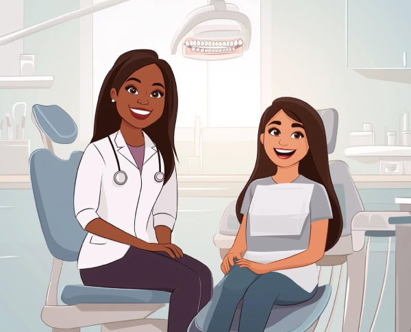Dentist and her patient smiling